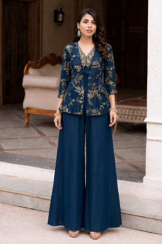 Blue indo western kurti with jacket and palazzo 3pc set