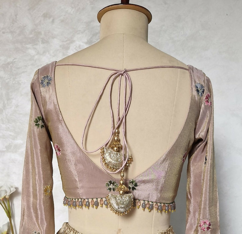 Embroidered Dusty Rose Pink Tissue Silk Blouse Long Sleeves