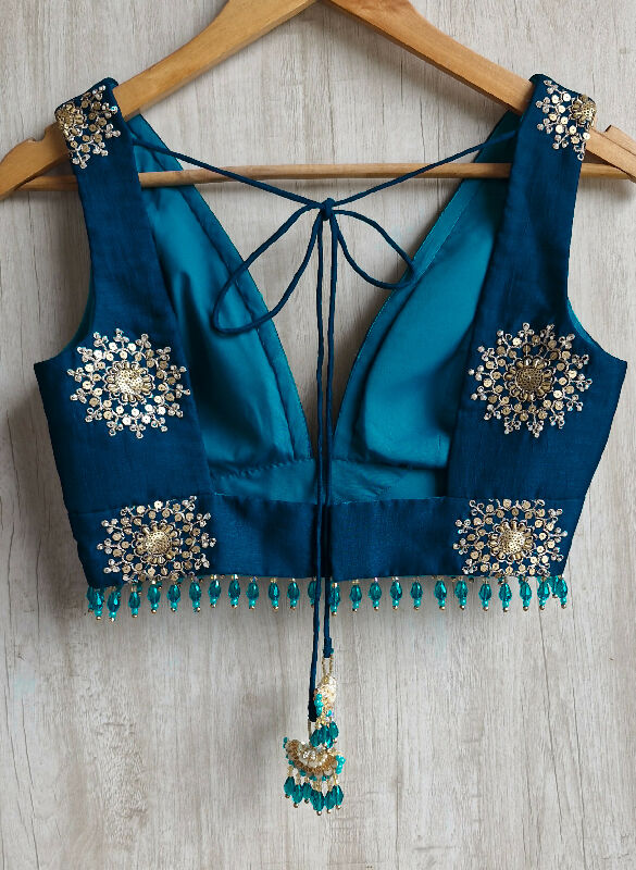 Teal Embroidered Plunge Neck Silk Saree Blouse