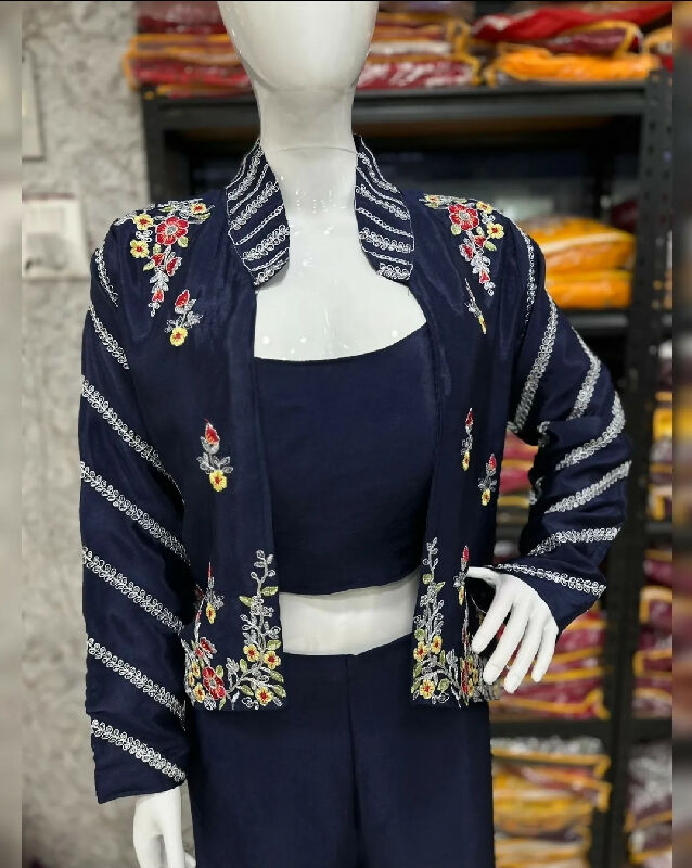 Blue indo western crop top with pent and jacket set
