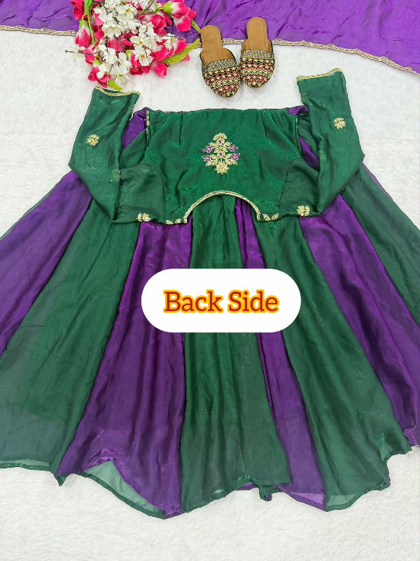 Green choli style v neck flaired anarkali suit with dupatta 2pc set