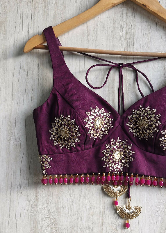 Wine Embroidered Silk Sweetheart Neck Blouse