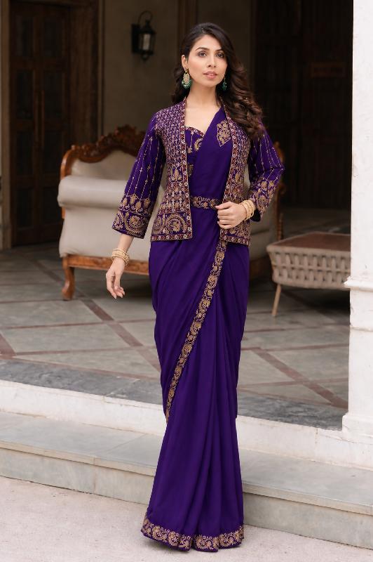 Purple ready to wear one min cape saree with blouse
