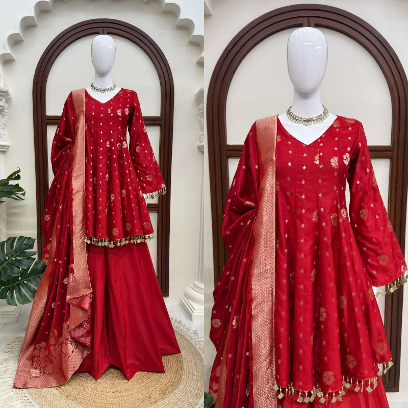 Red floral a line peplum kurti with palazzo and dupatta set