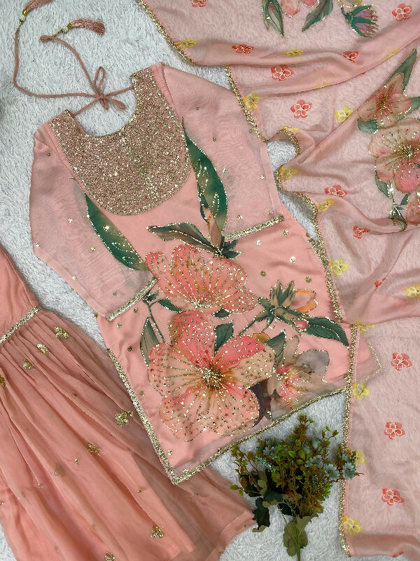 Pink indian punjabi kurti with sharara abd dupatta 3pc set