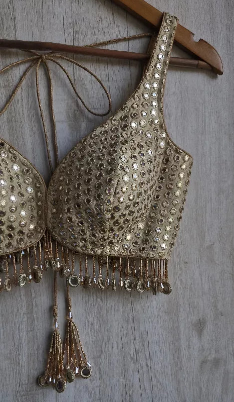 Champagne Gold Saree Blouse, Tissue Silk Sweetheart Neck, Mirror Fringes