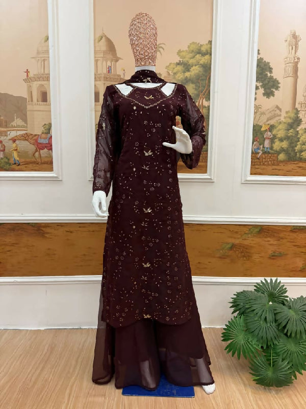 Brown indo western pakistani kurti with palazzo and dupatta