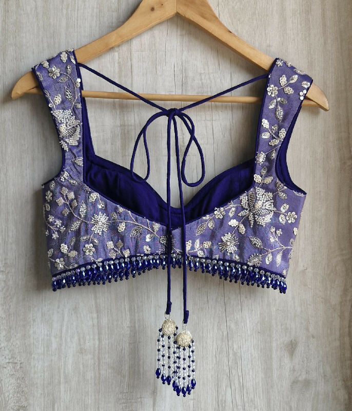Blue Embroidered Tissue Silk Saree Blouse. Deep Sweetheart Neck Bralette DVBL_489