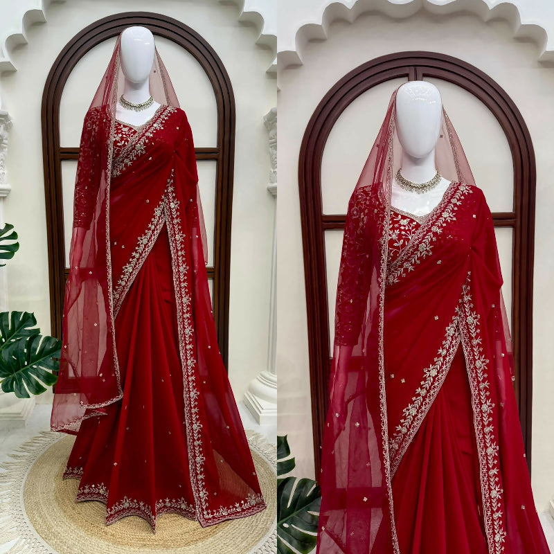 Red bridal fancy saree with blouse and dupatta 3pc set