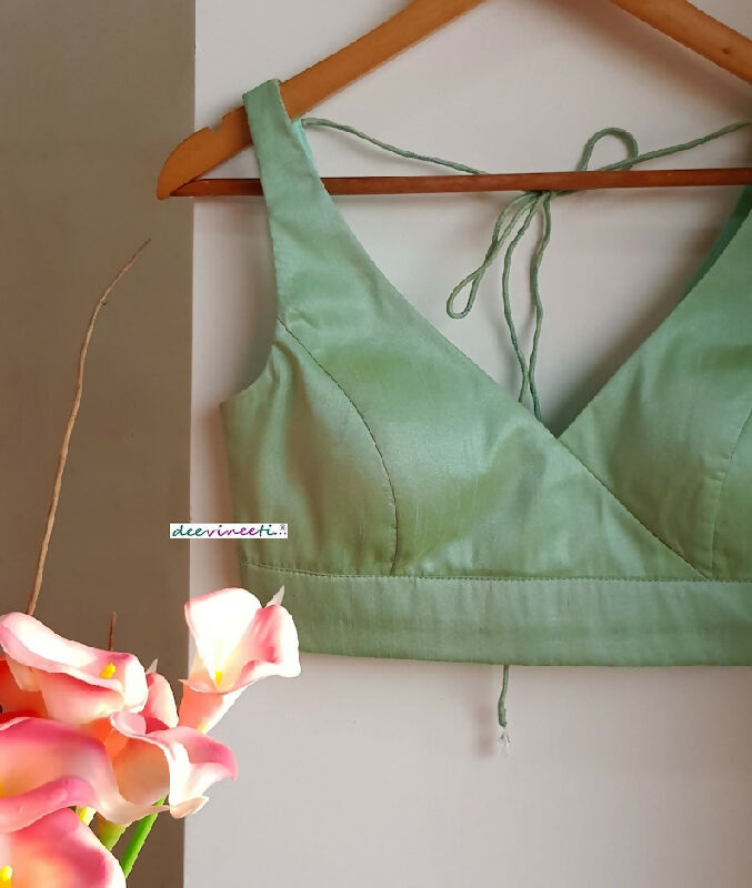 Mint Green Blended Raw Silk Deep V Neck Blouse