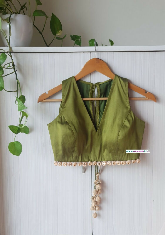 Olive Green Raw Silk Deep V Neck Blouse with Mirror Fringes