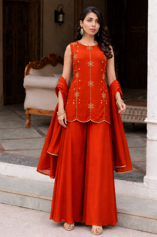 Orange short back crop top kurta with palazzo and dupatta set