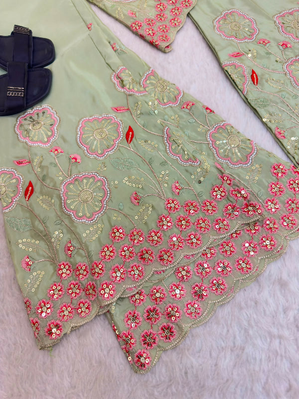 Green silk indo western crop top with kurti and sharara 3pc set