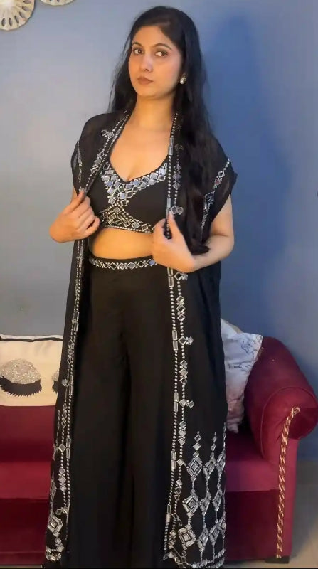 Black indo western crop top with jacket and palazzo