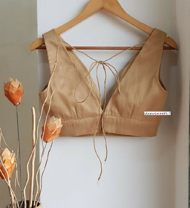 Beige Blended Raw Silk Plunge Neck Blouse