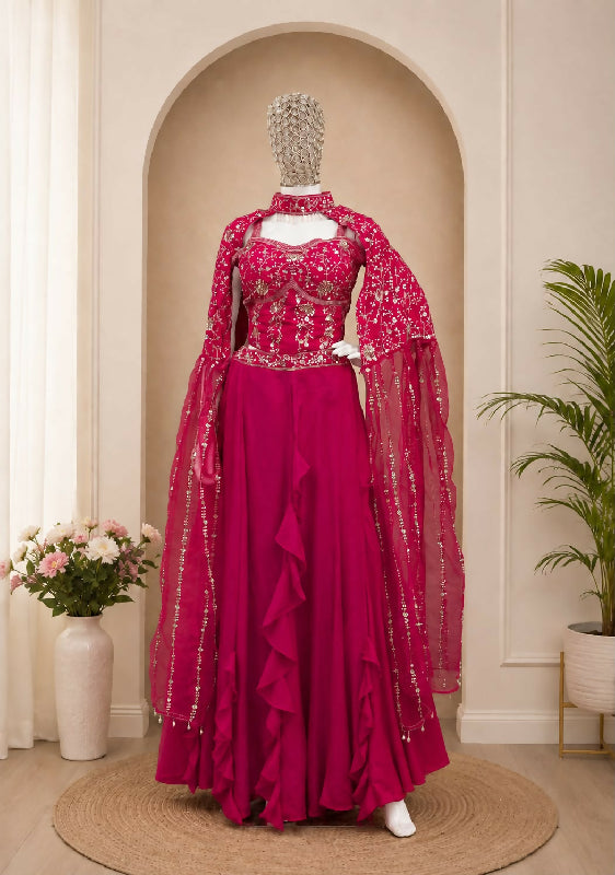 Pink indo western corset top with cape and lehenga skirt 3pc set