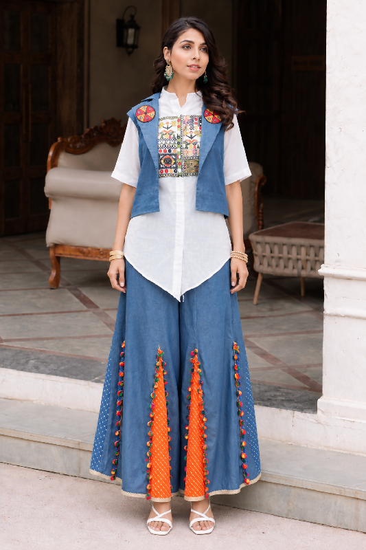 White indo western gujju sharara with crop jacket and shirt