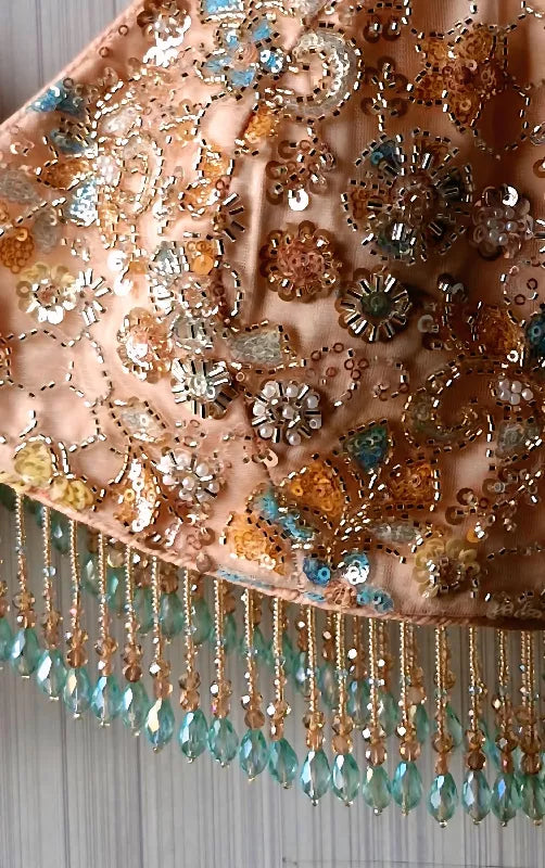 Peach Embroidered Net Blouse, Beads Fringes, Deep V Neck