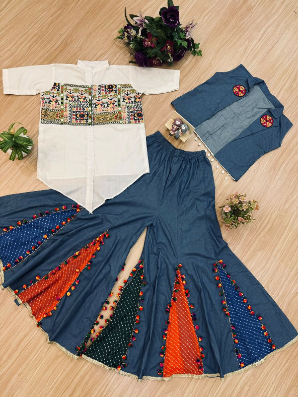 White indo western gujju sharara with crop jacket and shirt