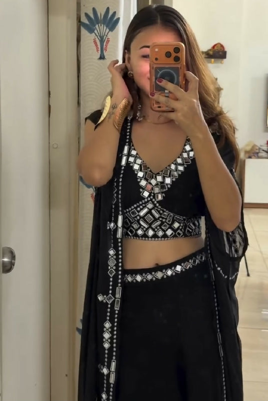 Black indo western crop top with jacket and palazzo