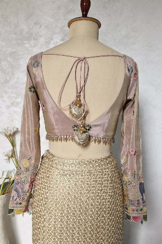 Embroidered Dusty Rose Pink Tissue Silk Blouse Long Sleeves