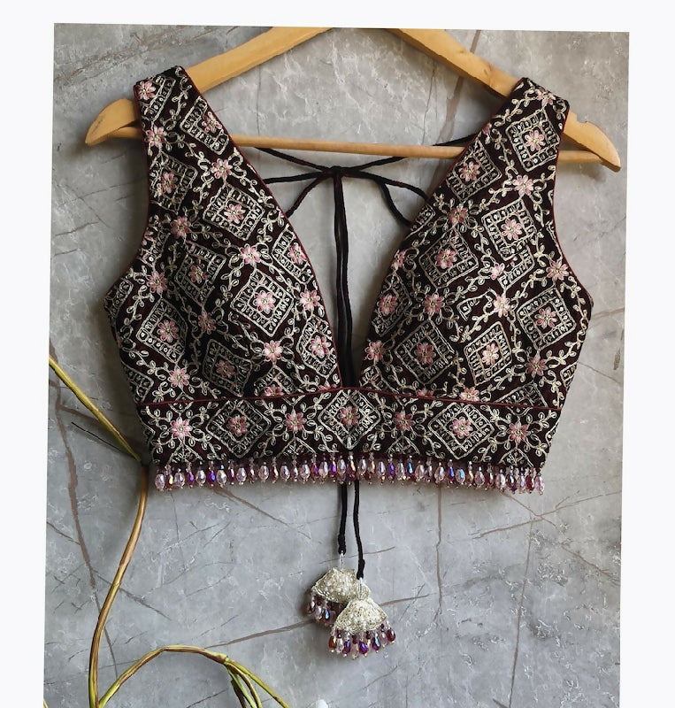 Maroon Embroidered Velvet Plunge Neckline Blouse