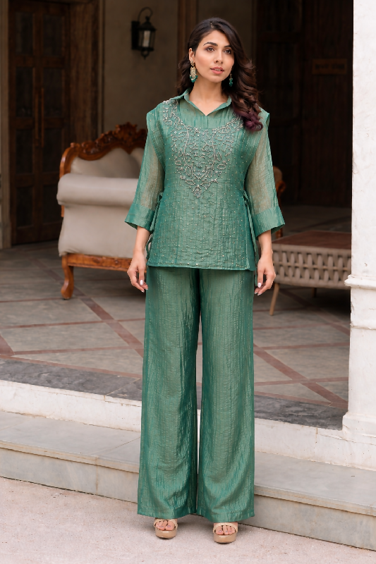 Green indo western crop top with short kurti and pent set