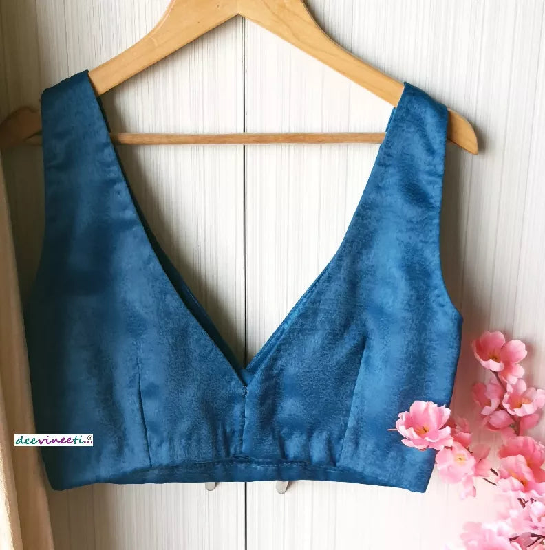 Blue Velvet Crepe Saree Lehenga Blouse Deep V Neck
