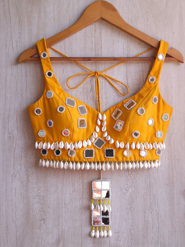 Amber Yellow Rayon Cotton Blouse, Mirror Embroidered Semi Sweetheart Neckline