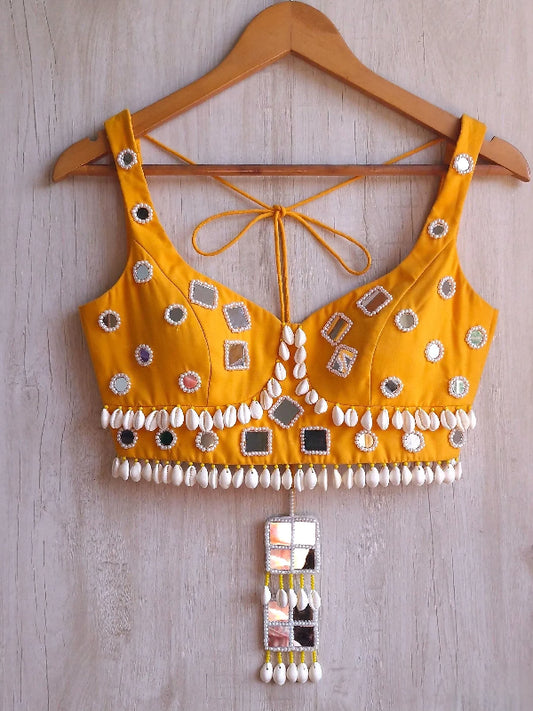 Amber Yellow Rayon Cotton Blouse, Mirror Embroidered Semi Sweetheart Neckline