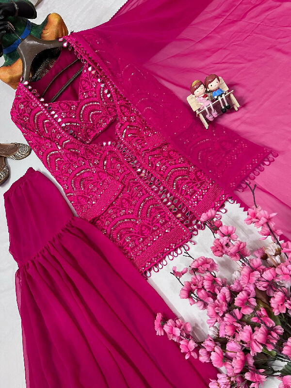 Pink indo western crop top with jacket , sharara and dupatta 4pc set