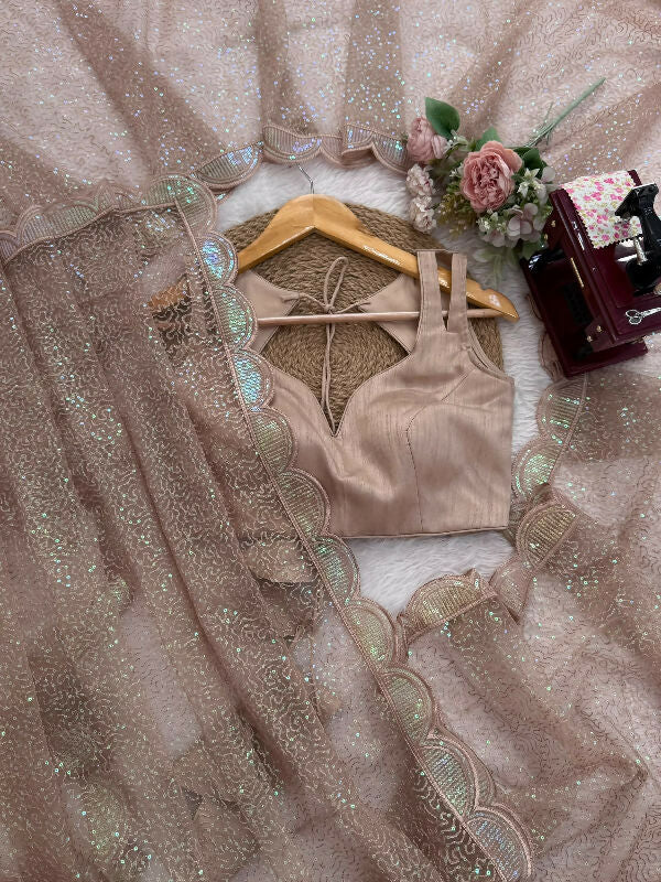 Beige gold sequin embroidery saree with blouse