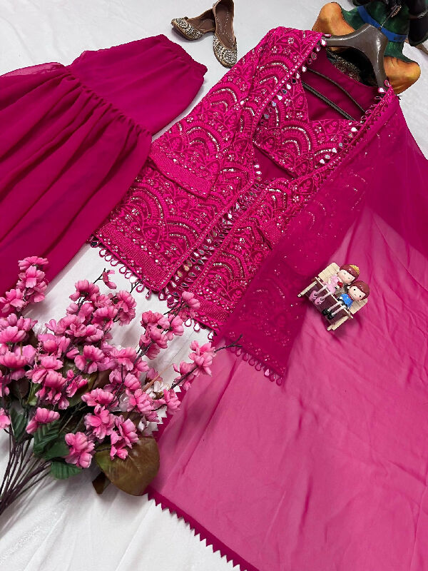 Pink indo western crop top with jacket , sharara and dupatta 4pc set