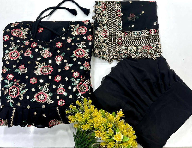 Black floral flaired anarkali suit with pent and dupatta 3pc set