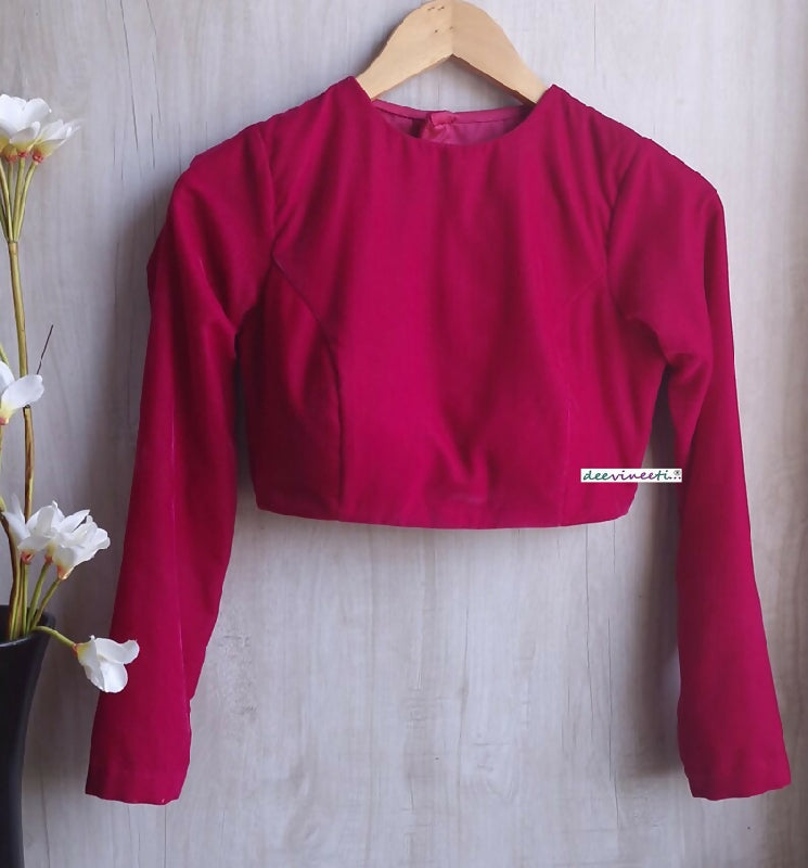 Bright Pink Velvet Saree Lehenga Blouse Jewel Neck Full Sleeves