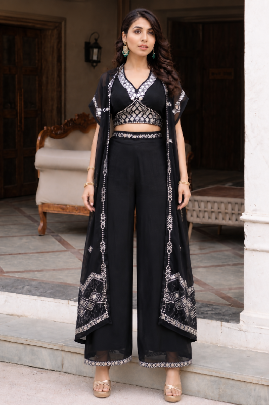 Black indo western crop top with jacket and palazzo