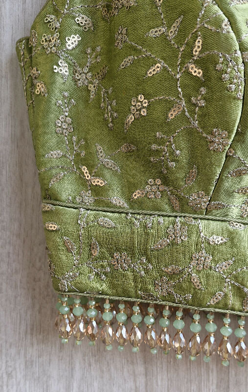 Green Embroidered Halter Neck Silk Blouse