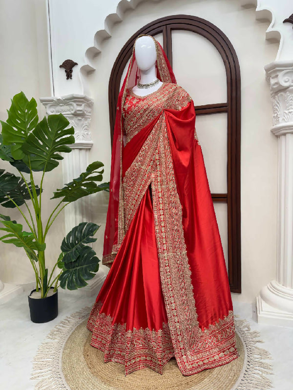 Red bridal indian silk saree with blouse and dupatta set