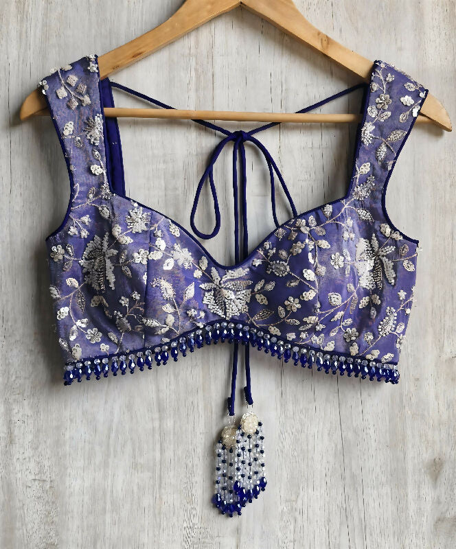 Blue Embroidered Tissue Silk Saree Blouse. Deep Sweetheart Neck Bralette DVBL_489