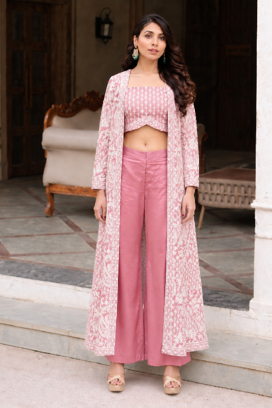 Pink indo western crop top with pent and jacket 3pc set