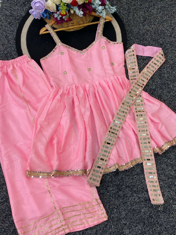 Pink v neck mirror work sleeveless kurta with palazzo and dupatta 3pc set
