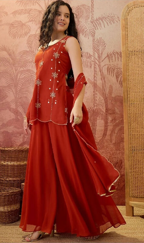Orange short back crop top kurta with palazzo and dupatta set