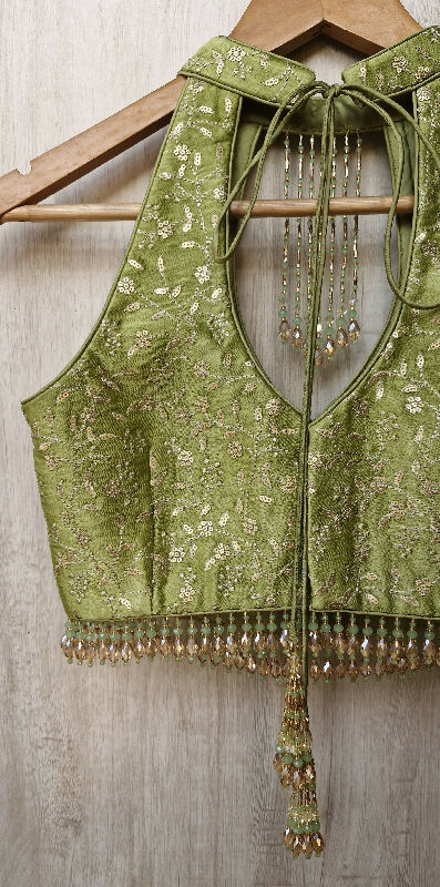 Green Embroidered Halter Neck Silk Blouse