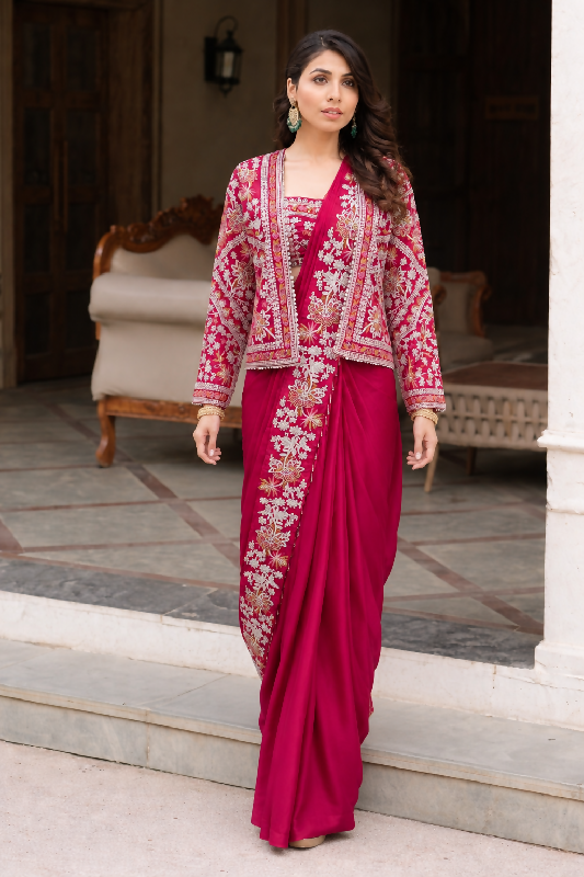 Pink one min readymade cape saree with blouse and set