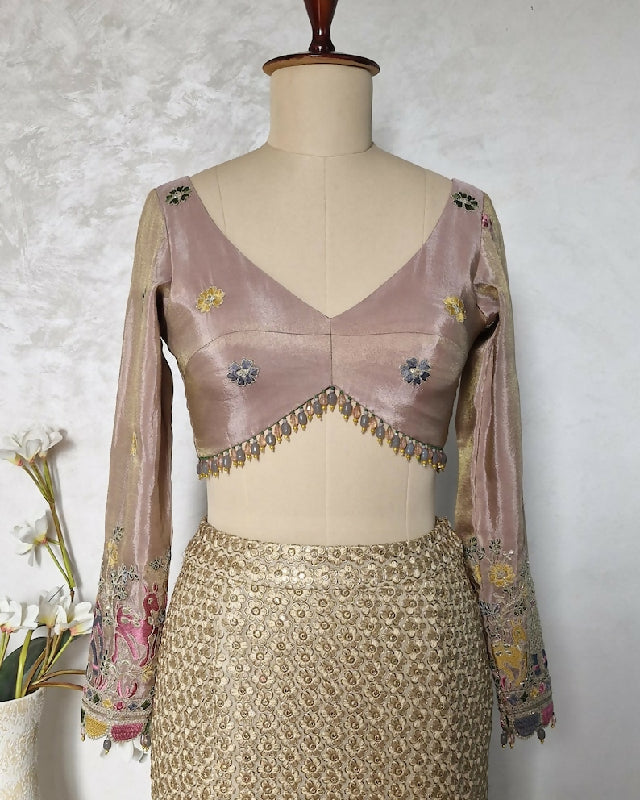 Embroidered Dusty Rose Pink Tissue Silk Blouse Long Sleeves