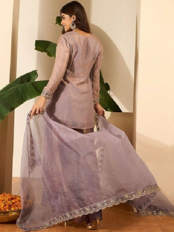 Purple silk kurti with printed shiny palazzo and dupatta set