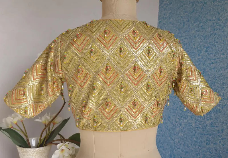 Embroidered Georgette Saree Blouse, V Neck Elbow Sleeves