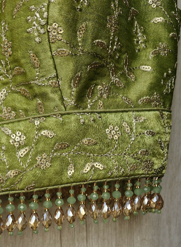 Green Embroidered Halter Neck Silk Blouse