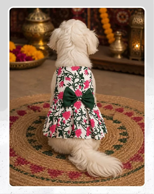 Pink Floral Cotton Dress For Dog & Cat | Dog Lehenga | Pet Lehenga Choli | Indian Dress for Dogs, Cats & Pets | Traditional Wedding & Festival Outfit