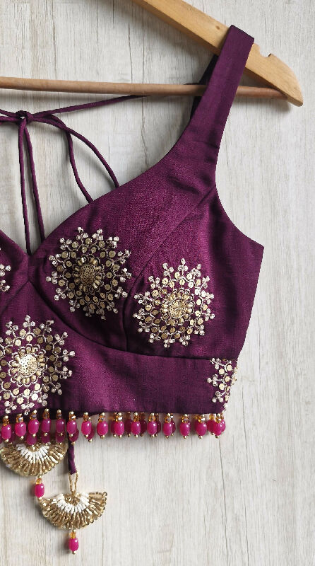 Wine Embroidered Silk Sweetheart Neck Blouse